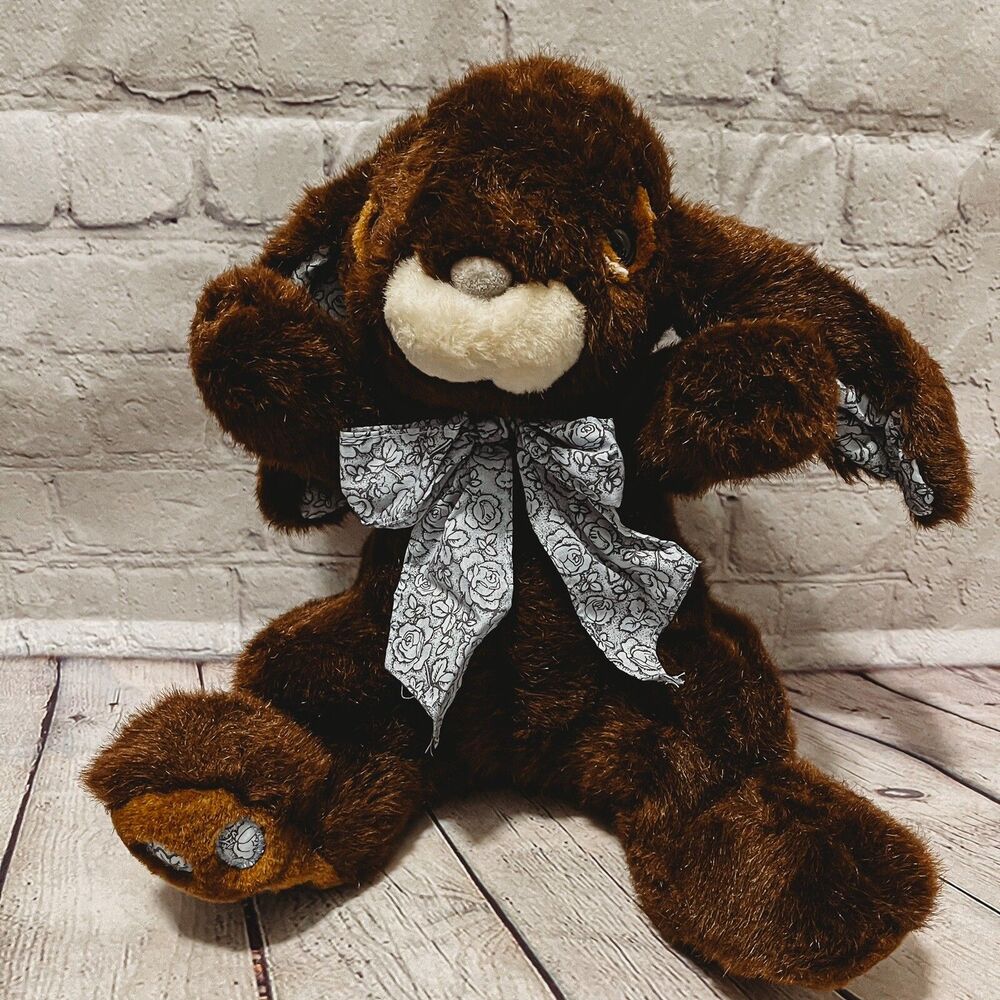 Vtg Cuddle Wit Bunny Rabbit Plush Dark Brown Blue Floral Bow Roses Gray Nose
